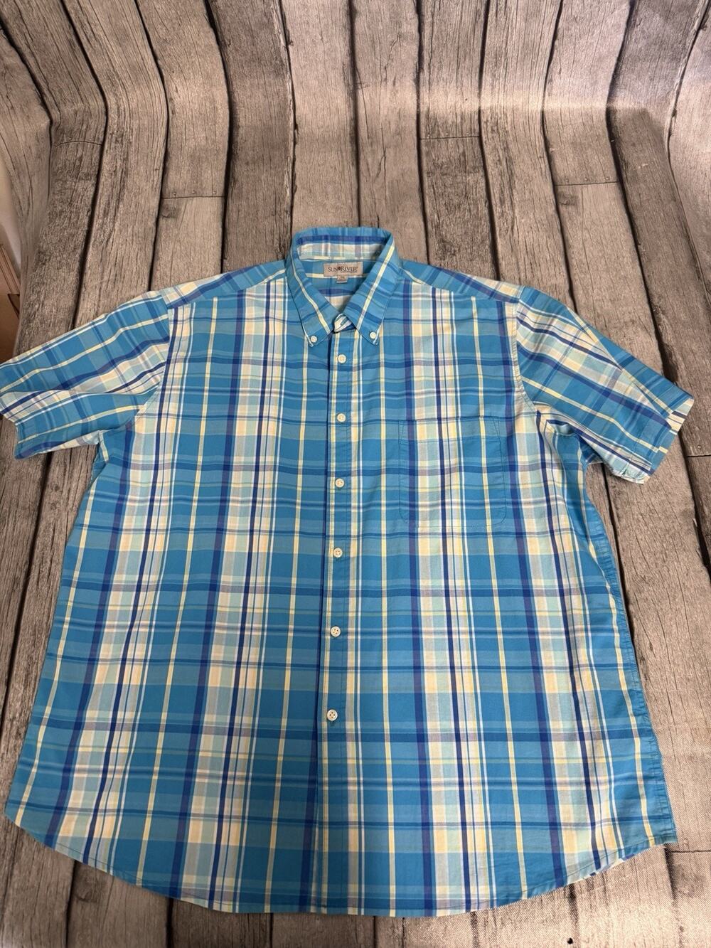 Men’s Sun River Plaid Button Down Short Sleeve Shirt Blue Yellow Sz XXL
